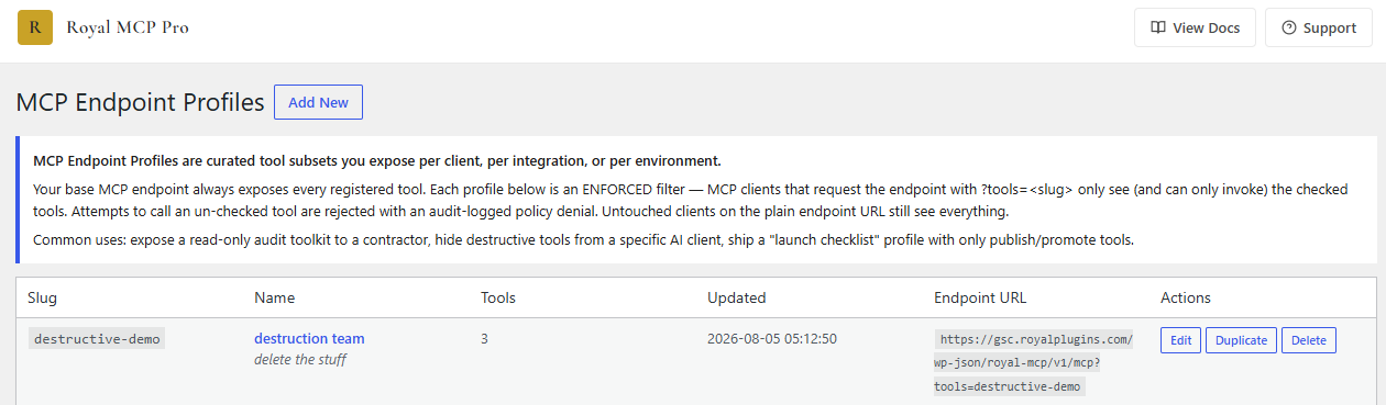 Royal MCP Pro MCP Endpoint Profiles Royal MCP Pro admin — MCP endpoint profiles for exposing curated tool subsets per client per integration or per environment