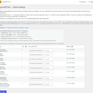 Royal MCP Pro admin — per-role OAuth access token TTL configuration for administrators editors authors and other WordPress roles