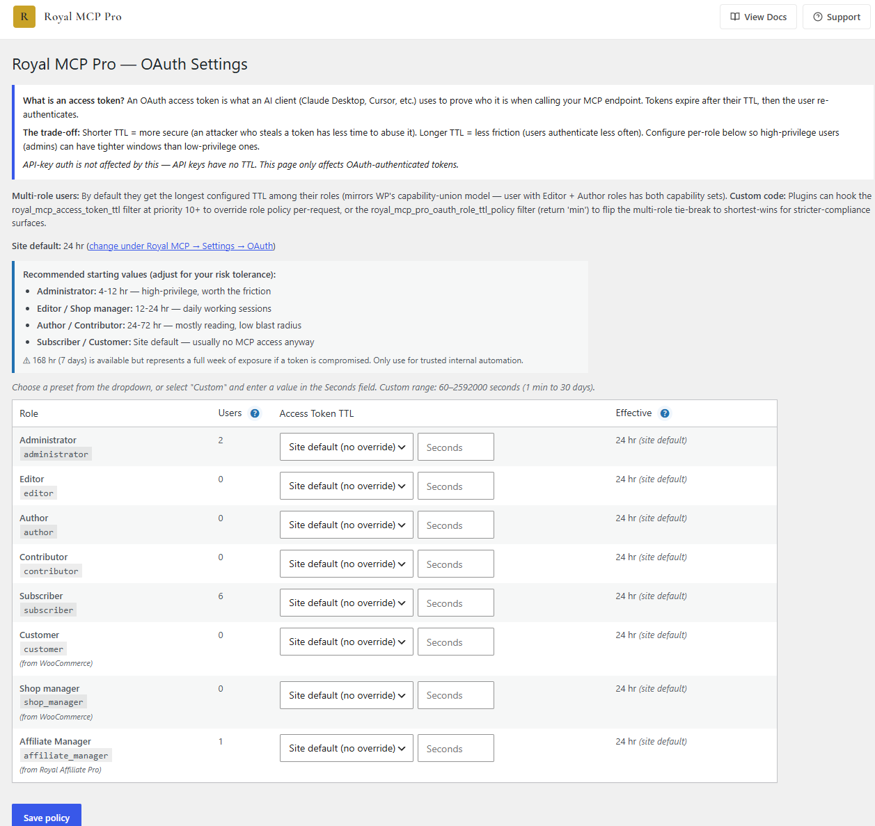 Royal MCP Pro OAuth Access Token TTL Per Role Royal MCP Pro admin — per-role OAuth access token TTL configuration for administrators editors authors and other WordPress roles