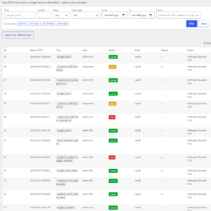 Royal MCP Pro admin — universal audit log showing every MCP tool invocation with timestamp, user, status, and client