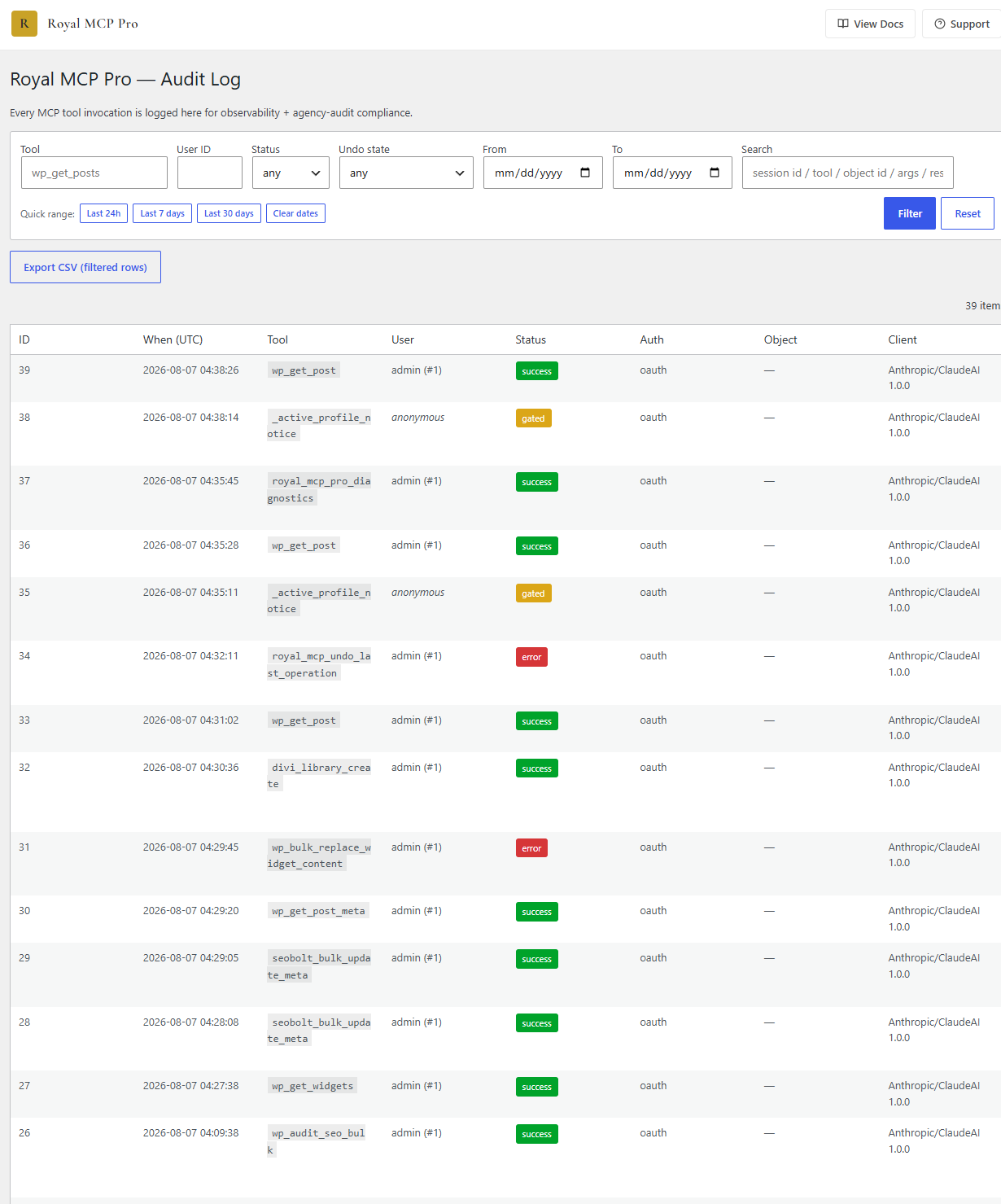 Royal MCP Pro Universal Audit Log Royal MCP Pro admin — universal audit log showing every MCP tool invocation with timestamp, user, status, and client